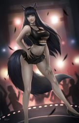 Rule 34 | 1girl, animal ears, arched back, artist name, bare legs, black footwear, black hair, black shirt, black skirt, blue eyes, blunt bangs, breasts, choker, closed mouth, collarbone, commentary, contrapposto, crop top, feathers, fox ears, fox tail, hand on own hip, hand on own thigh, high heels, jewelry, lace, lace choker, legs apart, light smile, lights, lips, long hair, looking at viewer, medium breasts, microskirt, midriff, navel, nopeys, original, people, pumps, realistic, ring, shirt, shoes, signature, silhouette, skirt, sleeveless, solo focus, stage, standing, tail, very long hair