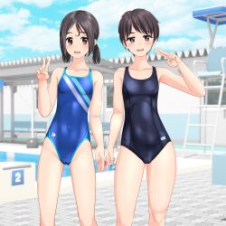Rule 34 | 2girls, absurdres, black hair, black one-piece swimsuit, blue one-piece swimsuit, blue sky, breasts, brown eyes, cameltoe, cloud, collarbone, commentary request, competition swimsuit, covered navel, day, feet out of frame, highres, lifeguard chair, logo, looking at viewer, low twintails, multicolored clothes, multicolored swimsuit, multiple girls, new school swimsuit, one-piece swimsuit, original, outdoors, pool, poolside, school swimsuit, short hair, sky, small breasts, starting block, swimsuit, takafumi, twintails, v