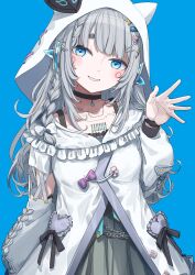 Rule 34 | 1girl, and uge, atsushima, blue background, blue eyes, blunt bangs, blush, bow, braid, breasts, chain, circle facial mark, commentary request, cowboy shot, cross-laced clothes, cross-laced sleeves, dress, frilled dress, frills, grey hair, grin, hair ornament, hairclip, heart, heart hair, highres, hood, hood up, hooded dress, joints, long hair, looking at viewer, medium bangs, nanashi inc., purple bow, robot joints, side braid, simple background, single braid, small breasts, smile, solo, thick eyebrows, virtual youtuber, waving, white dress