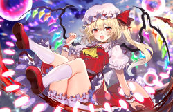 Rule 34 | 1girl, abusoru, ascot, back bow, blonde hair, bloomers, blush, bow, crystal, danmaku, energy ball, fang, flandre scarlet, frilled shirt, frilled shirt collar, frilled skirt, frilled sleeves, frills, hat, hat ribbon, highres, mob cap, multicolored wings, open mouth, puffy short sleeves, puffy sleeves, red bow, red eyes, red ribbon, red skirt, red vest, ribbon, ribbon trim, sash, shirt, short hair, short hair with long locks, short sleeves, skirt, socks, solo, spell, spell card, thighs, touhou, underwear, vest, white hat, white sash, white shirt, white socks, wings, wrist cuffs, yellow ascot