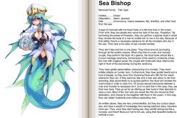 Rule 34 | 1girl, aqua hair, bikini, bikini top only, braid, breasts, brown eyes, character profile, cleavage, cleavage cutout, clothing cutout, coat, english text, fins, hard-translated, hat, head fins, kenkou cross, large breasts, long hair, looking at viewer, mermaid, monster girl, monster girl encyclopedia, official art, scales, sea bishop, side braid, smile, solo, stone tablet, swimsuit, third-party edit, translated, twin braids
