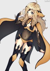 Rule 34 | 1girl, absurdres, ahoge, arm up, blonde hair, bodystocking, breasts, bridal gauntlets, cape, covered navel, fire emblem, fire emblem fates, grey eyes, highres, long hair, looking at viewer, medium breasts, nintendo, ophelia (fire emblem), panties, smile, solo, thighhighs, thighs, trufflesth, turtleneck, underwear, yellow panties