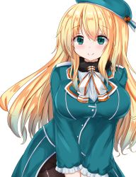 Rule 34 | 1girl, absurdres, atago (kancolle), bad id, bad pixiv id, beret, black pantyhose, blonde hair, blue eyes, blue hat, blush, breasts, gloves, hat, hayato (hayato7010), highres, kantai collection, large breasts, long hair, looking at viewer, military, military uniform, pantyhose, smile, solo, uniform