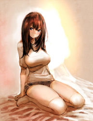 Rule 34 | 1girl, bed, blue eyes, bow (bhp), breasts, brown hair, large breasts, long hair, original, seiza, shirt, sitting, solo, taut clothes, taut shirt, thighhighs, thighs, white thighhighs