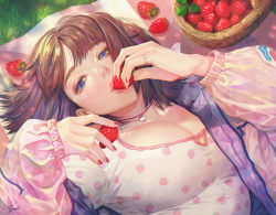 Rule 34 | 1girl, blue eyes, breasts, brown hair, cleavage, collar, eating, food, fruit, jewelry, large breasts, looking at viewer, lying, mole, mole under eye, nail polish, on back, original, red nails, ring, short hair, solo, spring (season), strawberry, tajima yukie, upper body