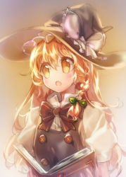Rule 34 | 1girl, blonde hair, blush, book, bow, braid, buttons, hair bow, hair ornament, hat, hat ribbon, kirisame marisa, long hair, namie-kun, open book, open mouth, puffy sleeves, ribbon, short sleeves, side braid, simple background, single braid, solo, touhou, turtleneck, witch hat, yellow eyes