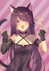 Rule 34 | 1girl, absurdres, animal ears, arknights, armband, asymmetrical gloves, bare shoulders, black choker, black gloves, blush, breasts, cat ears, cat tail, choker, claw pose, cleavage, commentary request, criss-cross halter, diagonal stripes, elbow gloves, fang, fingerless gloves, gloves, halterneck, highres, long hair, looking at viewer, medium breasts, melantha (arknights), open mouth, purple background, purple eyes, purple hair, shu chu, solo, striped, striped background, tail, uneven gloves, upper body, v-shaped eyebrows, very long hair