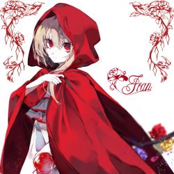 Rule 34 | 1girl, absurdres, apple, blonde hair, blood, dress, flandre scarlet, food, fruit, highres, letter, looking at viewer, red eyes, red hood, ribbon, short hair, solo, touhou, white background, zhixie jiaobu
