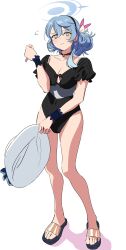 Rule 34 | 1girl, ako (blue archive), bad id, bad twitter id, black hairband, black one-piece swimsuit, blue archive, blue eyes, blue hair, blue halo, breasts, cleavage, closed mouth, full body, hair between eyes, hairband, halo, hand up, hat, highres, holding, holding clothes, holding hat, kerorira, large breasts, long hair, looking at viewer, one-piece swimsuit, sandals, short sleeves, simple background, solo, standing, swimsuit, white background