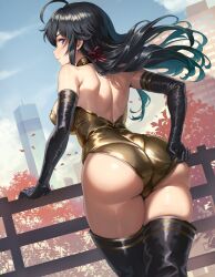 Rule 34 | 1girl, ahoge, alternate breast size, ass, black gloves, black hair, black ribbon, black thighhighs, blue eyes, blue sky, breasts, building, closed mouth, cloud, commentary request, day, elbow gloves, fence, from behind, gloves, gold leotard, hair ribbon, highres, kazto furuya, large breasts, leotard, long hair, looking at viewer, looking back, outdoors, ribbon, sky, skyscraper, solo, standing, thighhighs, thighs, wooden fence, yahari ore no seishun lovecome wa machigatteiru., yukinoshita yukino