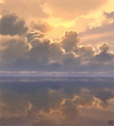 Rule 34 | cloud, cloudy sky, commentary request, horizon, no humans, ocean, original, outdoors, reflection, scenery, signature, sky, sunset, yk funa
