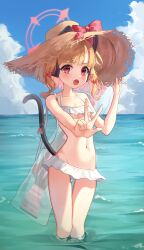 Rule 34 | 1girl, :o, absurdres, alternate costume, animal ear headphones, animal ears, bare arms, bare shoulders, bikini, bikini skirt, blonde hair, blue archive, blue sky, blush, bow, breasts, cat ears, cat tail, cloud, cloudy sky, collarbone, commentary, fake animal ears, fake tail, groin, hair bow, halterneck, hand up, hat, hat bow, headphones, highres, holding, holding clothes, holding hat, horizon, kano (kano4), looking at viewer, md5 mismatch, midriff, momoi (blue archive), navel, ocean, open mouth, parted bangs, red bow, red eyes, resolution mismatch, shallow water, short hair, sidelocks, sky, small breasts, solo, source larger, stomach, straw hat, swimsuit, tail, thigh gap, thighs, underboob, v-shaped eyebrows, w, wading, water, white bikini