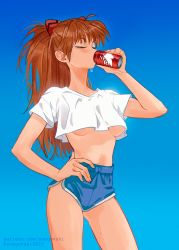 Rule 34 | 1girl, blush, breasts, breasts apart, can, closed eyes, crop top, dolphin shorts, drinking, hand on own hip, highres, interface headset, legs, long hair, midriff peek, navel, neon genesis evangelion, no bra, ponytail, shirt, short shorts, shorts, snegovski, solo, souryuu asuka langley, standing, sweatdrop, t-shirt, thighs, two side up, underboob