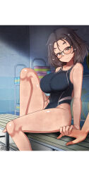 Rule 34 | 1boy, 1girl, black hair, blush, breasts, closed mouth, collarbone, covered navel, freckles, glasses, green eyes, holding hands, indoors, large breasts, looking at viewer, megadeko, original, short hair, smile, swimsuit