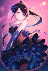 Rule 34 | 1girl, backlighting, bare shoulders, black dress, black hair, blush, bow, breasts, closed mouth, clothes lift, collarbone, cowboy shot, dress, dress lift, earrings, elbow gloves, flower, frilled dress, frills, garter belt, gloves, hair flower, hair ornament, highres, jewelry, kagami (galgamesion), lifting own clothes, long hair, looking at viewer, medium breasts, necklace, original, parted bangs, parted lips, pleated dress, ponytail, purple flower, purple gloves, purple ribbon, red eyes, ribbon, ring, skindentation, smile, solo, standing, strapless, strapless dress, thighhighs, very long hair