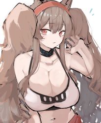 Rule 34 | 1girl, angelina (arknights), animal ears, arknights, asususususu, bare arms, bare shoulders, blush, breasts, brown hair, cleavage, closed mouth, collar, collarbone, fox ears, hairband, hand up, highres, huge breasts, infection monitor (arknights), long hair, looking at viewer, navel, official alternate costume, red eyes, red hairband, simple background, solo, sports bra, twintails, upper body, very long hair, white background