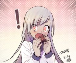 Rule 34 | !, 1girl, americano exodus, artist name, bad id, bad twitter id, blush, braid, candy, chocolate, chocolate heart, dark skin, dated, eating, food, heart, jpeg artifacts, long hair, looking at viewer, mariage frere, open mouth, orange eyes, park ji-eun, silver hair, source request, surprised, upper body, valentine