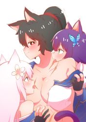Rule 34 | 3girls, animal ear fluff, animal ears, arm at side, assault lily, behind another, black gloves, black hair, blue jacket, blue sailor collar, blush, breasts, bright pupils, cat ears, cat girl, cleavage, closed mouth, collarbone, crop top, fang, fff threesome, funada kiito, funada ui, gloves, green eyes, group sex, hair between eyes, half-closed eyes, hand on another&#039;s stomach, hand up, high ponytail, highres, jacket, kemonomimi mode, large breasts, licking, licking breast, licking another&#039;s neck, long hair, long sleeves, looking at another, looking to the side, multiple girls, nagasawa yuki (assault lily), no bra, off shoulder, open clothes, open mouth, open shirt, partially fingerless gloves, ponytail, profile, purple hair, red eyes, sailor collar, saliva, scar, scar on arm, scar on breasts, scar on chest, scar on stomach, school uniform, serafuku, shimaidon (sex), shirt, siblings, sideways glance, single bare shoulder, sisters, sleeveless, sleeveless shirt, teisuu, threesome, tongue, tongue out, trembling, undressing another, upper body, white background, white hair, white pupils, white shirt, yellow eyes, yuri