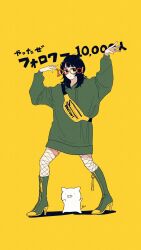 Rule 34 | 1girl, absurdres, arms up, black eyes, black hair, boots, closed mouth, coalowl, expressionless, fanny pack, fishnet pantyhose, fishnets, glasses, green footwear, high heels, highres, long sleeves, looking at viewer, original, pantyhose, pig, simple background, solo, yellow background, yellow bag