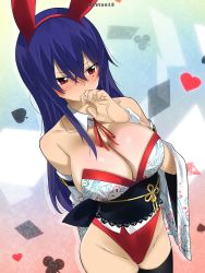 Rule 34 | 1girl, animal ears, artist name, bare shoulders, black thighhighs, blue hair, blush, breasts, cleavage, collared leotard, colorized, detached sleeves, eden&#039;s zero, fake animal ears, gaston18, highres, homura kogetsu, large breasts, leotard, long hair, mashima hiro, rabbit ears, red eyes, thighhighs, thighs