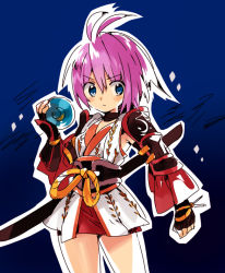 Rule 34 | 1girl, armor, arutopian, black gloves, blue eyes, closed mouth, commentary request, cowboy shot, fingerless gloves, gloves, hair between eyes, holding, japanese armor, japanese clothes, kimono, looking to the side, oboro (ragnarok online), pink hair, ragnarok online, short hair, sleeveless, sleeveless kimono, solo, white kimono