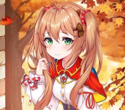 Rule 34 | 1girl, ahoge, bad id, bad twitter id, blush, breasts, brown hair, capelet, commentary request, copyright request, dress, frown, green eyes, hair ornament, highres, leaf, lebring, long hair, long sleeves, looking at viewer, medium breasts, outdoors, red capelet, red ribbon, ribbon, solo, twintails, white dress, white ribbon