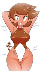 Rule 34 | 1girl, bed, blush, breasts, brown eyes, creatures (company), eyelashes, fernal-red, game freak, gen 1 pokemon, gen 2 pokemon, gym leader, highres, jacket, large breasts, legs, misty (pokemon), nintendo, on bed, one-piece swimsuit, orange hair, poke ball, pokemon, pokemon gsc, short hair, solo, swimsuit, thick thighs, thighs