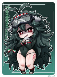 Rule 34 | 1girl, :d, antenna hair, azur lane, bodysuit, braid, character name, chibi, commentary request, copyright name, covered navel, curvy, dark green hair, diving mask, diving mask on head, diving suit, full body, goggles, goggles on head, green background, green hair, groin, hair between eyes, hands up, kurono, leg tattoo, long hair, looking at viewer, open mouth, red eyes, shaded face, shiny skin, sidelocks, simple background, skindentation, smile, solo, standing, swimsuit, tattoo, thick thighs, thighs, torricelli (azur lane), twitter username, very long hair, wetsuit