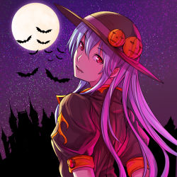 Rule 34 | 1girl, alternate color, architecture, arms behind back, bat (animal), blue hair, brown shirt, eyelashes, fangs, fangs out, full moon, gothic architecture, halloween, hat, hat ornament, hat ribbon, hinanawi tenshi, jack-o&#039;-lantern, kagaa (user vjrx4323), long hair, looking at viewer, looking back, moon, moonlight, night, outdoors, puffy short sleeves, puffy sleeves, red eyes, ribbon, shirt, short sleeves, sky, solo, star (sky), starry sky, touhou, upper body