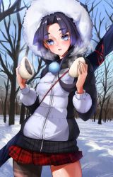 Rule 34 | 1girl, absurdres, alternate costume, alternate legwear, bare tree, black hair, blue eyes, breasts, breath, coat, commentary, fate/grand order, fate (series), food, fur-trimmed hood, fur trim, fur trimm, highres, hood, kyudong., leg warmers, looking at viewer, open mouth, pantyhose, pleated skirt, red skirt, side ponytail, skirt, small breasts, snow, solo, tree, ushiwakamaru (fate), winter clothes