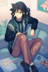Rule 34 | 1boy, black footwear, brown pants, closed mouth, commentary request, couch, dice, green eyes, green hair, hair between eyes, holding, indoors, long hair, long sleeves, looking to the side, male focus, mikami (mkm0v0), otogi ryuuji, pants, paper, shoes, sitting, solo, yu-gi-oh!