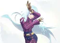 Rule 34 | 1girl, belt, blue hair, bodysuit, breasts, cofffee, cowboy shot, gloves, ice, kula diamond, long hair, looking at viewer, purple eyes, simple background, small breasts, snk, solo, the king of fighters, white background, zipper