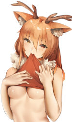 Rule 34 | 1girl, animal ear fluff, animal ears, antlers, bare arms, bare shoulders, breasts, clothes lift, fur collar, grayfox, hair between eyes, hands on own chest, heart, heart-shaped pupils, heterochromia, highres, horns, lifting own clothes, long hair, looking at viewer, medium breasts, mouth hold, orange hair, original, red eyes, sleeveless, solo, symbol-shaped pupils, underboob, upper body, yellow eyes