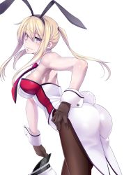 Rule 34 | 10s, 1girl, adapted costume, alternate costume, animal ears, arm at side, armpits, ass, back-seamed legwear, black gloves, black pantyhose, blonde hair, blush, breasts, cowboy shot, detached collar, embarrassed, fake animal ears, from behind, gloves, graf zeppelin (kancolle), hair between eyes, hairband, hand on own hip, hat, unworn hat, head tilt, unworn headwear, highres, kantai collection, kurihara kenshirou, large breasts, leaning forward, leotard, looking at viewer, necktie, pantyhose, peaked cap, playboy bunny, rabbit ears, rabbit tail, red necktie, seamed legwear, simple background, solo, tail, twintails, white background
