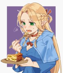 Rule 34 | 1girl, blonde hair, blue capelet, blue dress, braid, breasts, capelet, choker, cleavage, dress, dungeon meshi, eating, elf, fang, food, french braid, green eyes, hair around ear, half updo, hand up, holding, holding plate, holding spoon, hood, hood down, hooded capelet, long hair, long sleeves, looking down, m7lka, marcille donato, medium breasts, multiple braids, open mouth, outside border, parted bangs, pie, pie slice, plate, pointy ears, purple background, side braid, solo, spoon, squiggle, tongue, upper body, worried