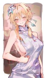 Rule 34 | 1girl, absurdres, alternate costume, bare arms, bare shoulders, blonde hair, breasts, cocoballking, commentary, feather hair ornament, feathers, flower, genshin impact, hair between eyes, hair flower, hair ornament, highres, large breasts, looking at viewer, lumine (genshin impact), parted lips, short hair with long locks, sideboob, sidelocks, simple background, sleeveless, sleeveless sweater, smile, solo, sweater, symbol-only commentary, teasing, turtleneck, turtleneck sweater, white flower, yellow eyes