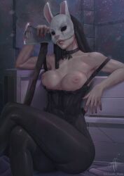 Rule 34 | 1girl, absurdres, artist name, axe, bare shoulders, black choker, black corset, blood, blood on mask, bloody weapon, bow, breasts, camille waifu, choker, closed mouth, collarbone, corset, covered eyes, dark-skinned female, dark skin, dead by daylight, facing viewer, highres, holding, holding axe, holding weapon, lace, lace trim, large breasts, lips, mask, medium breasts, nail, nipples, nude, pantyhose, rabbit mask, red nails, signature, sitting, snow, snowing, suspenders, the huntress (dead by daylight), thick thighs, thighs, twitter username, two-handed, veil, watermark, weapon, white mask