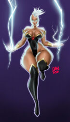 Rule 34 | 1girl, absurdres, alternate hairstyle, artist request, bare shoulders, black leotard, boots, breasts, cape, closed mouth, dark-skinned female, dark skin, electricity, floating, glowing, glowing eyes, high heel boots, high heels, highleg, highleg leotard, highres, large breasts, leotard, lips, looking at viewer, marvel, medium hair, no pupils, outstretched arms, revealing clothes, shiny skin, solo, spread arms, storm (x-men), thigh boots, thighhighs, thong leotard, x-men
