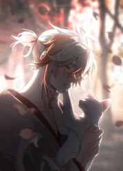 Rule 34 | 1boy, adam&#039;s apple, animal, antenna hair, blurry, blush, cat, collarbone, commentary, depth of field, english commentary, falling leaves, from side, genshin impact, grey hair, hand up, highres, holding, holding animal, japanese clothes, kaedehara kazuha, kimono, leaf, long sleeves, male focus, multicolored hair, ponytail, portrait, profile, red eyes, red hair, smile, streaked hair, weyowang, white hair
