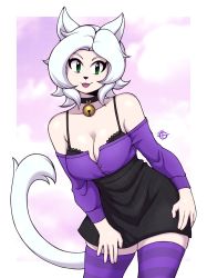 Rule 34 | 1girl, animal nose, bell, black bra, black skirt, blush, bra, breasts, choker, cleavage, closed mouth, commission, furry, furry female, green eyes, highres, large breasts, looking at viewer, neck bell, off-shoulder sweater, off shoulder, original, purple sweater, purple thighhighs, short hair, skirt, smile, solo, striped clothes, striped thighhighs, sweater, taggo, thighhighs, tongue, tongue out, underwear, white hair
