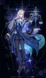 Rule 34 | 1boy, absurdres, artist name, ascot, black gloves, cane, chinese text, closed mouth, english text, full body, genshin impact, glasses, gloves, hair between eyes, highres, holding, long hair, long sleeves, looking at viewer, male focus, multicolored hair, neuvillette (genshin impact), pointy ears, solo, streaked hair, white ascot, white hair, yolanda
