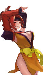 Rule 34 | 1girl, absurdres, arms up, black headband, breasts, brown eyes, chinese commentary, commentary request, detached sleeves, hair intakes, headband, highres, holding, huitu xigai, japanese clothes, large breasts, legs together, long sleeves, looking at viewer, okuni (sengoku denshou), orange hair, parted lips, sash, sengoku 3, sengoku denshou, shiny skin, short hair, side slit, simple background, single detached sleeve, sleeves past wrists, snk, solo, standing, white background