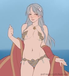 Rule 34 | 1girl, absurdres, adapted costume, bare shoulders, bikini, blue background, breasts, cape, commission, fire emblem, fire emblem: radiant dawn, grey hair, groin, hair ribbon, half updo, highres, kalruna, long hair, looking at viewer, medium breasts, micaiah (fire emblem), micaiah (queen of dawn) (fire emblem), navel, nintendo, patreon username, red cape, ribbon, simple background, solo, swimsuit, yellow eyes