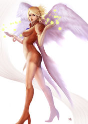 Rule 34 | 1girl, angel wings, blonde hair, boots, bracelet, breasts, breath of fire, breath of fire iii, buddy jiang, dress, high heels, impossible clothes, jewelry, knee boots, large breasts, legs, long legs, looking at viewer, nina (breath of fire iii), parted lips, shoes, short dress, short hair, simple background, skin tight, solo, thighs, white wings, wings