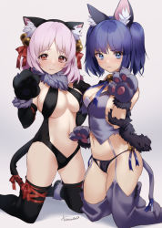 Rule 34 | 2girls, animal ear fluff, animal ears, animal hands, bai lao shu, blue eyes, blue hair, breasts, brown eyes, cat ears, cat tail, cleavage, commission, cosplay, elbow gloves, embarrassed, fake animal ears, fake tail, fate/kaleid liner prisma illya, fate (series), garter straps, gloves, illyasviel von einzbern, illyasviel von einzbern (beast style), illyasviel von einzbern (cosplay), kate iwana, kneeling, large breasts, leotard, looking at viewer, miyu edelfelt, miyu edelfelt (cosplay), multiple girls, official alternate costume, original, paw gloves, pink hair, signature, skeb commission, tail, thighhighs, thong, twintails