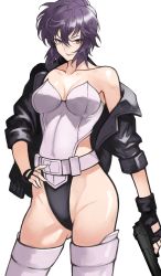 Rule 34 | 1girl, absurdres, bad id, bad twitter id, belt, black gloves, black jacket, breasts, cleavage, collarbone, covered navel, fingerless gloves, ghost in the shell, ghost in the shell stand alone complex, gloves, hair between eyes, hand on own hip, highleg, highleg leotard, highres, jacket, kusanagi motoko, large breasts, leotard, off shoulder, open clothes, open jacket, parted lips, purple hair, red eyes, short hair, simple background, smile, solo, strapless, strapless leotard, thighhighs, thighs, white background, white thighhighs, yoshio (55level)