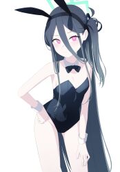 Rule 34 | &lt;key&gt; (blue archive), 1girl, absurdres, aimpoleume, animal ears, aris (blue archive), black bow, black bowtie, black hair, blue archive, bow, bowtie, detached collar, flat chest, groin, halo, hand on own hip, highres, leotard, long hair, one side up, pink eyes, playboy bunny, rabbit ears, solo, very long hair, wrist cuffs
