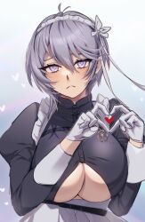 Rule 34 | 1girl, apron, azur lane, bellona (armed to clean) (azur lane), bellona (azur lane), black dress, breasts, chest belt, closed mouth, clothing cutout, commentary request, commission, dress, earrings, frown, gloves, grey hair, hair between eyes, heart, heart hands, highres, jewelry, large breasts, light blush, long sleeves, looking at viewer, maid, maid apron, maid headdress, maitei roppa, official alternate costume, pixiv commission, puffy sleeves, purple eyes, short hair, sidelocks, solo, standing, sweat, underboob, underboob cutout, upper body, white gloves