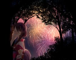 Rule 34 | 1girl, ahoge, blush, braid, brown hair, bush, closed eyes, fireworks, floral print, from side, hair flaps, hair ornament, japanese clothes, kantai collection, kimono, long hair, naoto (tulip), night, out of frame, outdoors, remodel (kantai collection), shigure (kancolle), single braid, sky, solo focus, tree, upper body, yukata