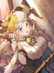 Rule 34 | &gt;:o, 10s, 1girl, :o, animal hat, bare shoulders, bell, blush, breasts, brown eyes, daetta (granblue fantasy), deer, draph, granblue fantasy, hat, hat tug, horns, large breasts, light brown hair, long hair, open mouth, ribbed sweater, sleeveless, solo, sweater, taroji, underbust, v-shaped eyebrows